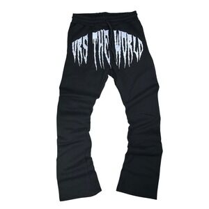 VRS THE WORLD Graphic Sweatpants Mens Large Black Fleece Flared Joggers
